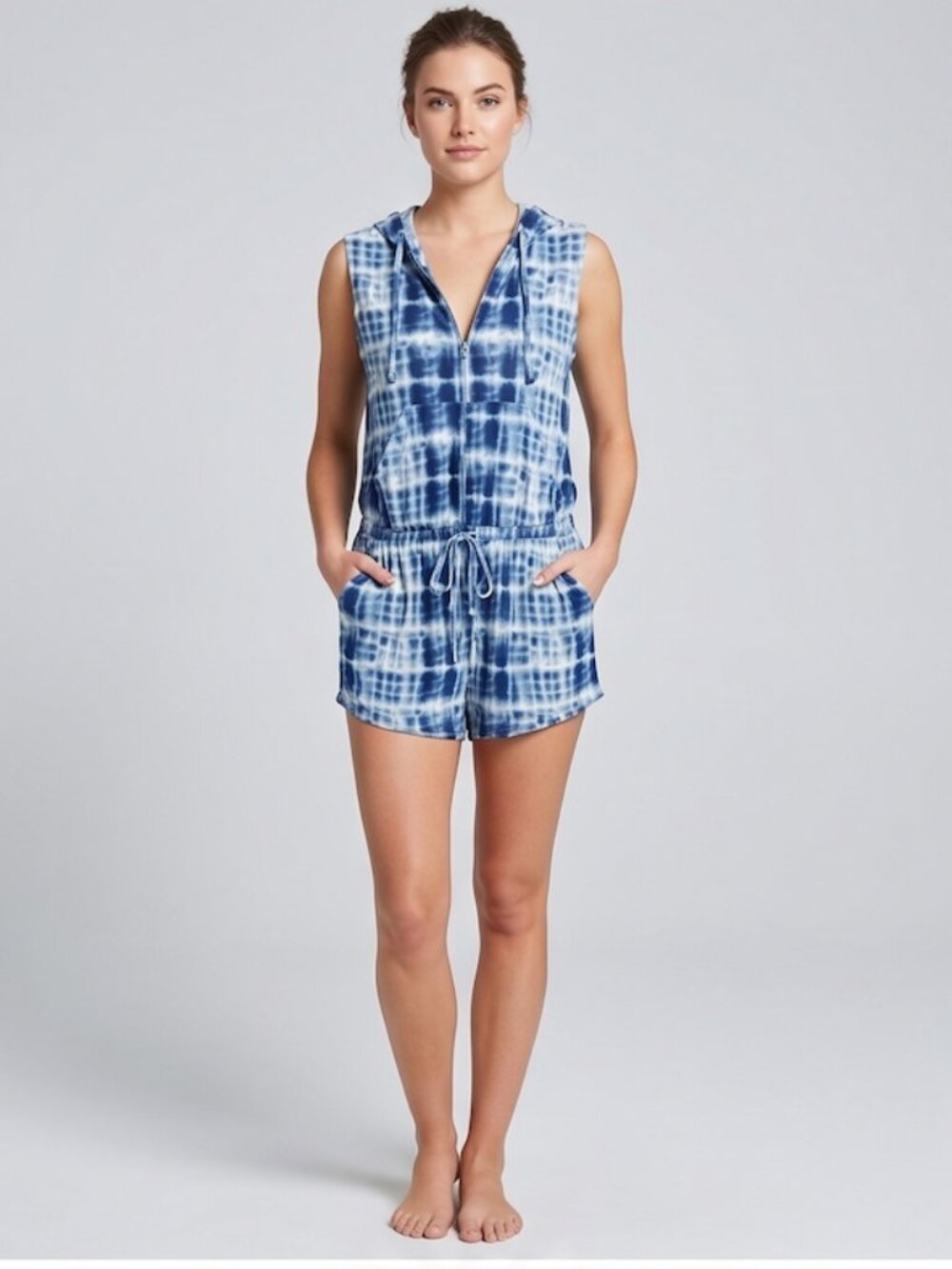 Tye-Dye Sleeveless Hooded Romper Blue and White
